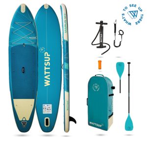 Paddle gonflable Wattsup Marlin 12’5 pour 2 personnes avec technologie Drop Stitch, compatible kayak, idéal pour les balades et le touring.